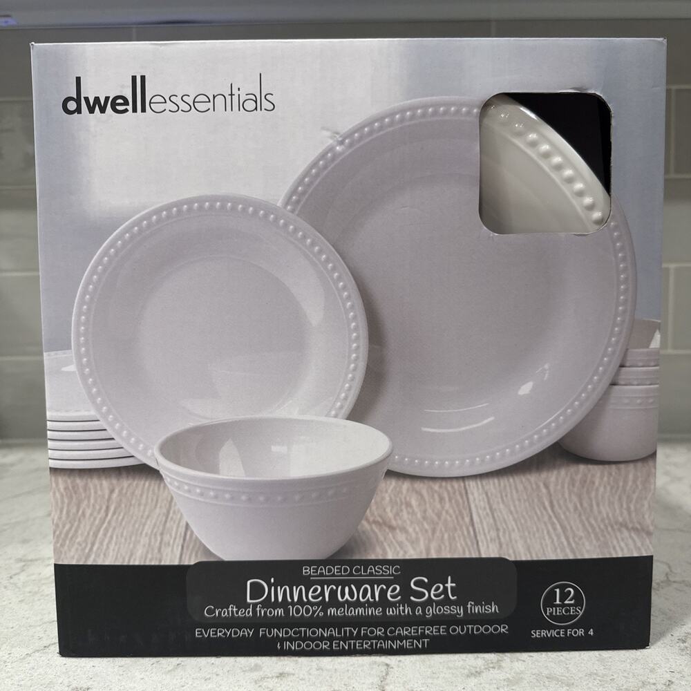 DWELL Boxed Set of 12 BEADED CLASSIC White Melamine Dinnerware Plates Bowls NEW